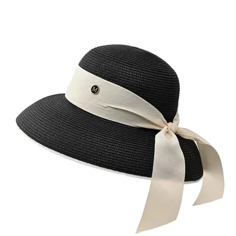 Straw Retro Bow Wide Brim Sun Hat — Natural | KIMLUD