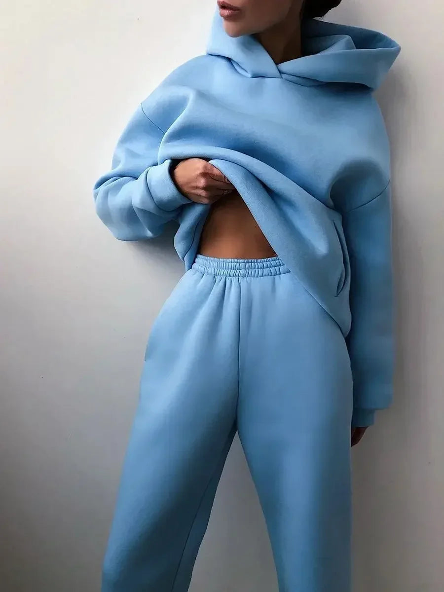 Fleece Tracksuit Two-Piece Hooded Set — Black | KIMLUD