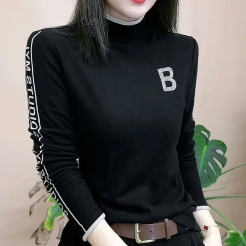 Women Winter Half High Neck Pullover Derong Bottom Shirt Fashion Design Hot Drills Letter Fleece Warm Versatile Long Sleeve Tops