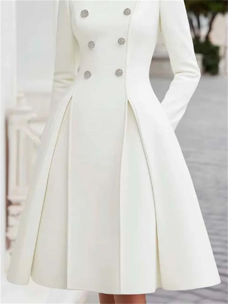 Evening Coat Dress - Double Breasted - A-Line - White | KIMLUD