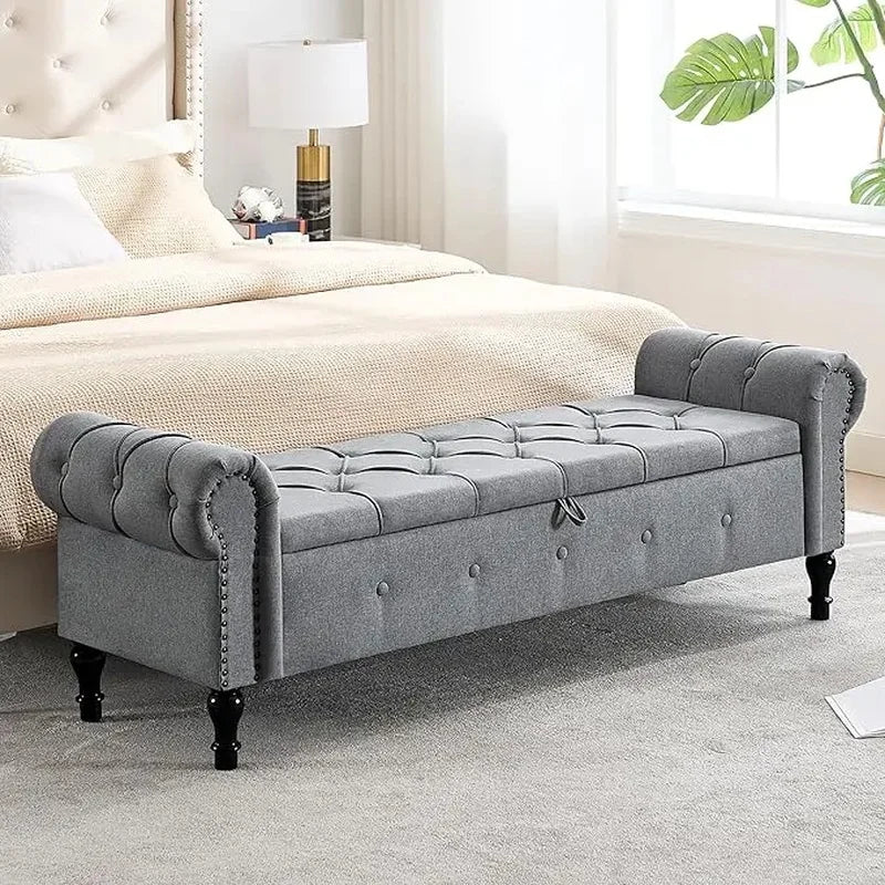 Velvet Tufted Storage Bench, 67" Bedroom End of Bed Bench, King Size with Rolled Arms, Button Ottoman Bench