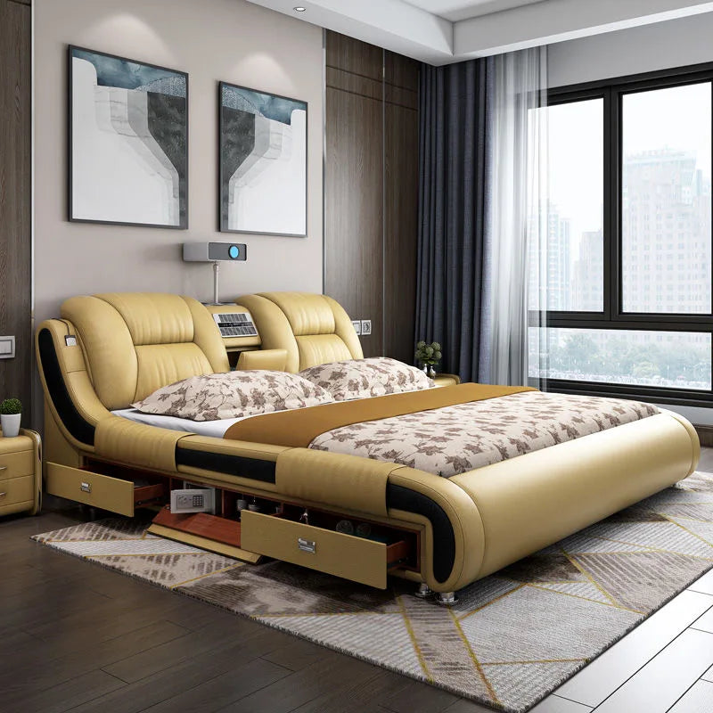 Genuine Leather Upholstered King Size Bed With Massage — Custom Color | KIMLUD