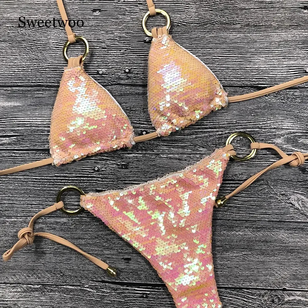 Sequin Bikini Set With Halter Neck — Emerald | KIMLUD