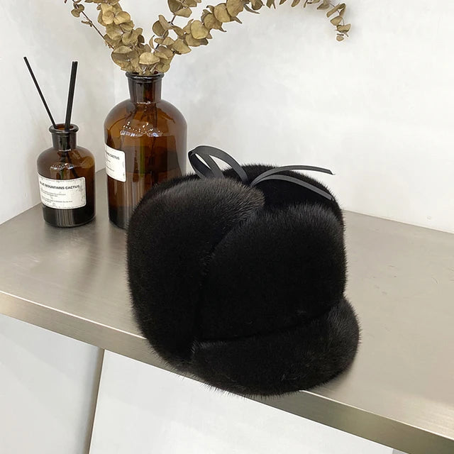 Mink Fur Winter Hat — Top-Hat Crown Silhouette — Deep Black | KIMLUD