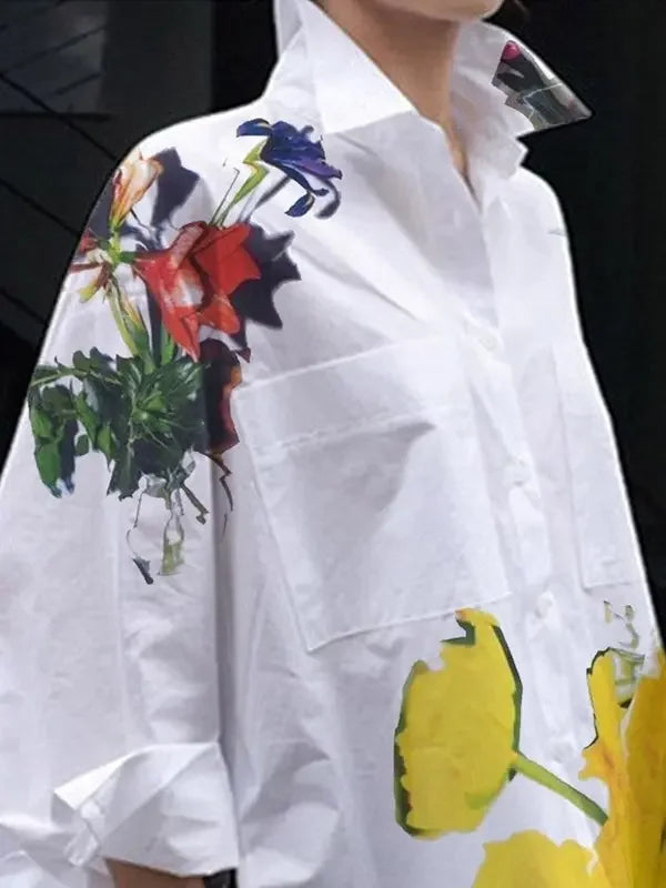 Polyester Spandex Blouse Floral Print With Pockets — White | KIMLUD