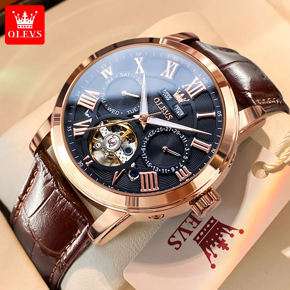 Moon Phase Calendar Automatic Chronograph Leather Strap Watch — Rose-Gold | KIMLUD