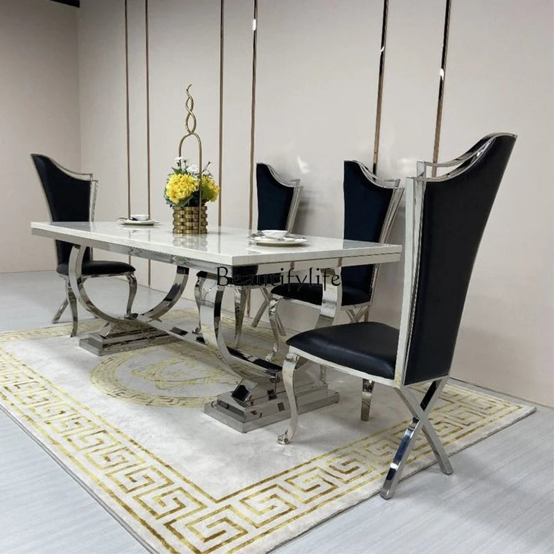 Marble Top Dining Table Set Rectangular Modern Design With Stainless Steel Frame And Four Chairs — Silver | KIMLUD