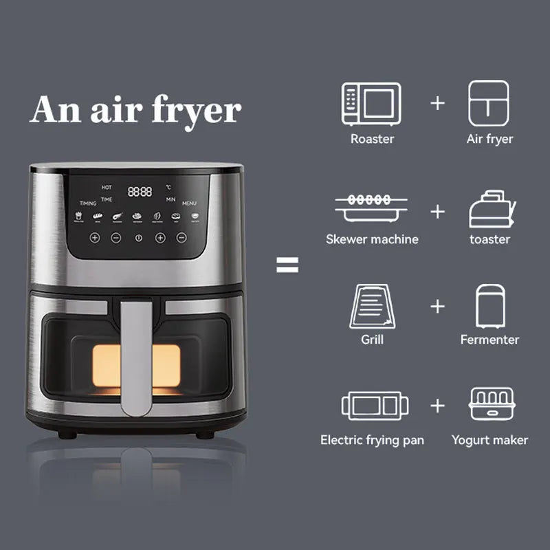 Oil-Free Air Fryer Oven 1250W LED Touch Panel With Presets Roast Bake Broil — Brushed Silver | KIMLUD