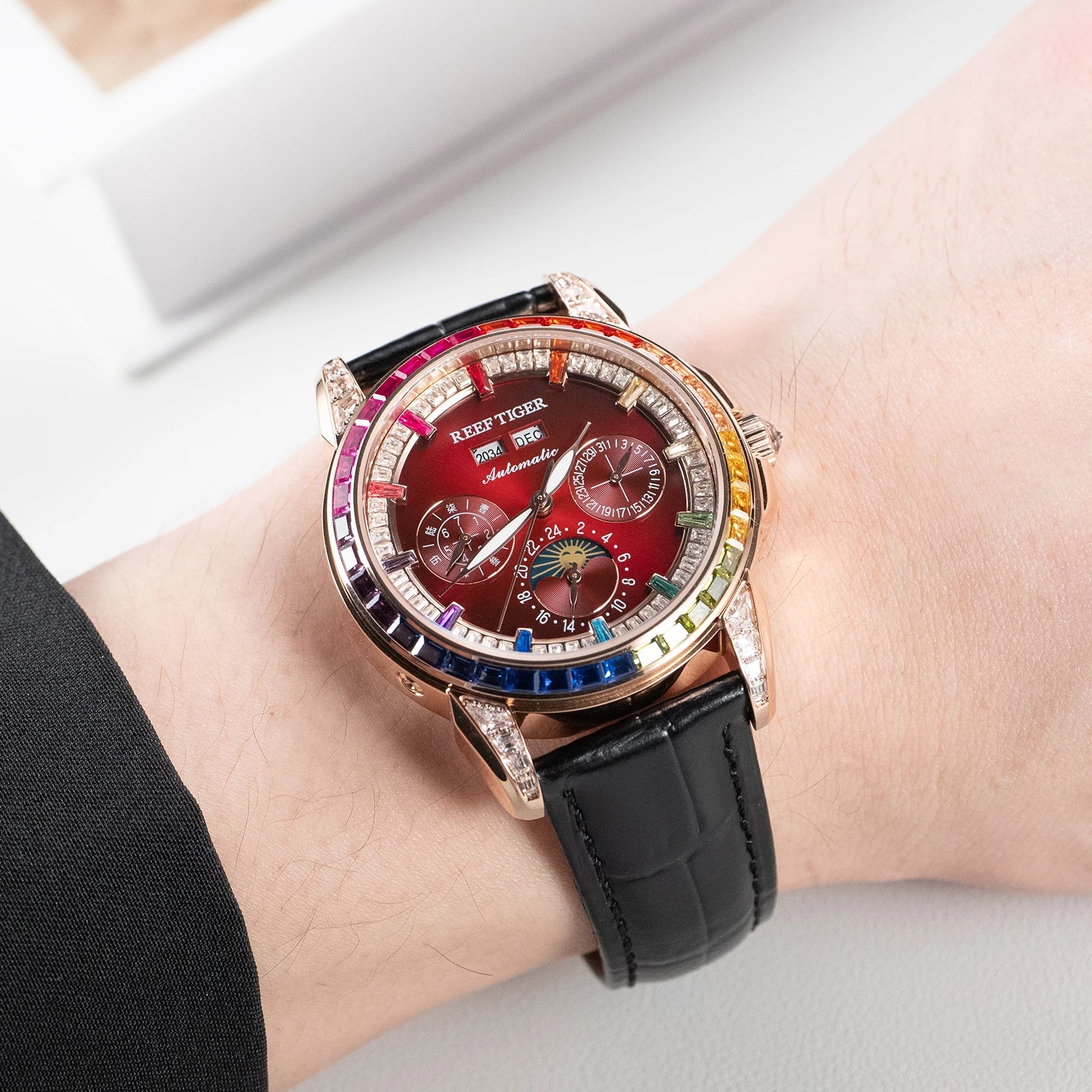 Moonphase Automatic Leather Watch Rainbow Diamond Bezel — Ruby Red | KIMLUD