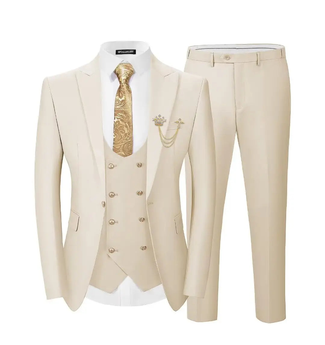 Men's 3-Piece Suit Set Classic One Gold Button Slim Fit Blazer Vest Pants Formal Business Wedding Wear