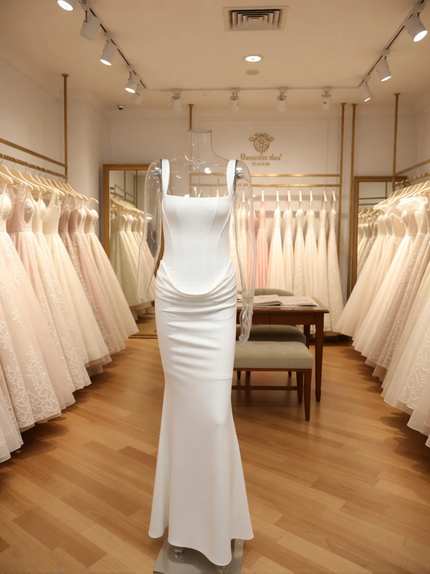White wedding dress on a mannequin in a bridal shop with other dresses in the background.
