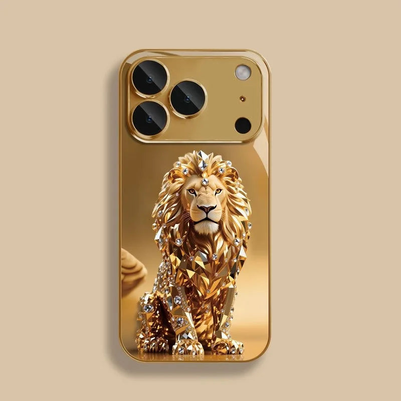 Phone Case – Gold Lion Pattern – Tempered Glass – Gold | KIMLUD