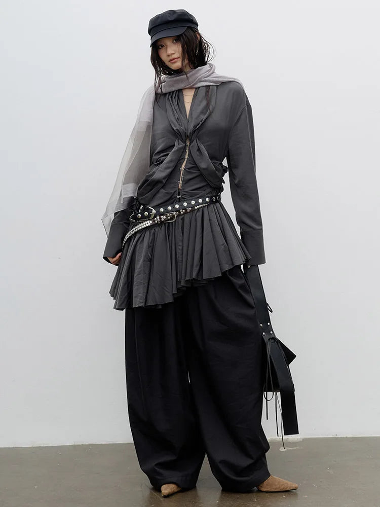 Shirt Dress – Pleated Irregular Burr Hem – Cotton Jersey – Gray | KIMLUD