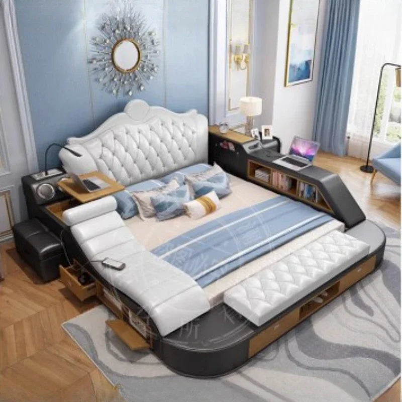 Solid Wood Headboard Storage Bed With Drawers — Ivory White | KIMLUD