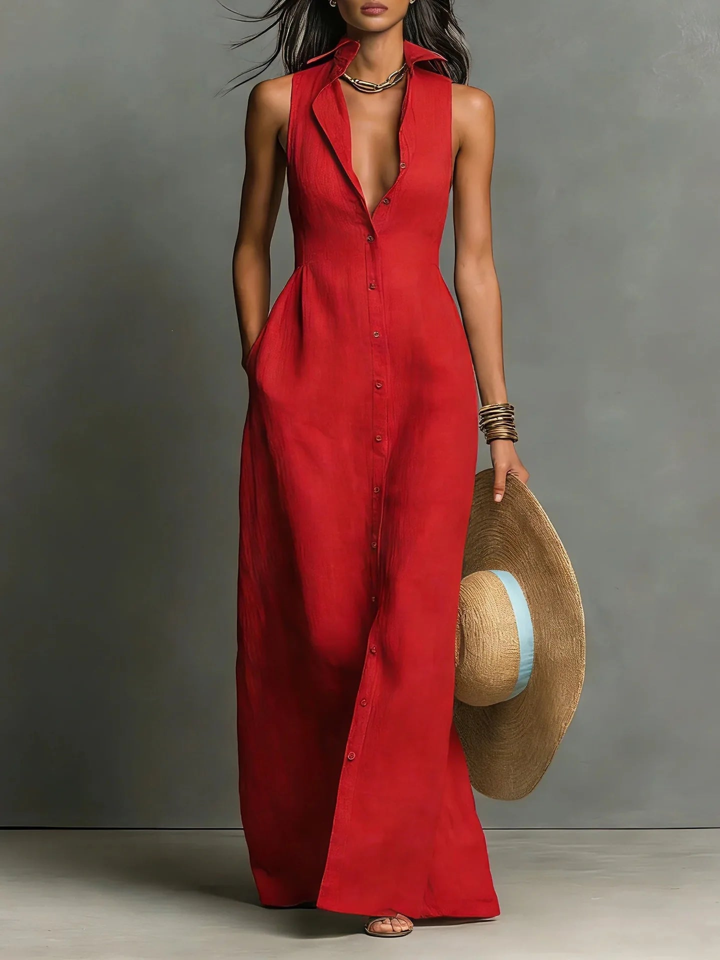 Maxi Dress – Sleeveless Deep V Neck Button Down – Polyester | KIMLUD