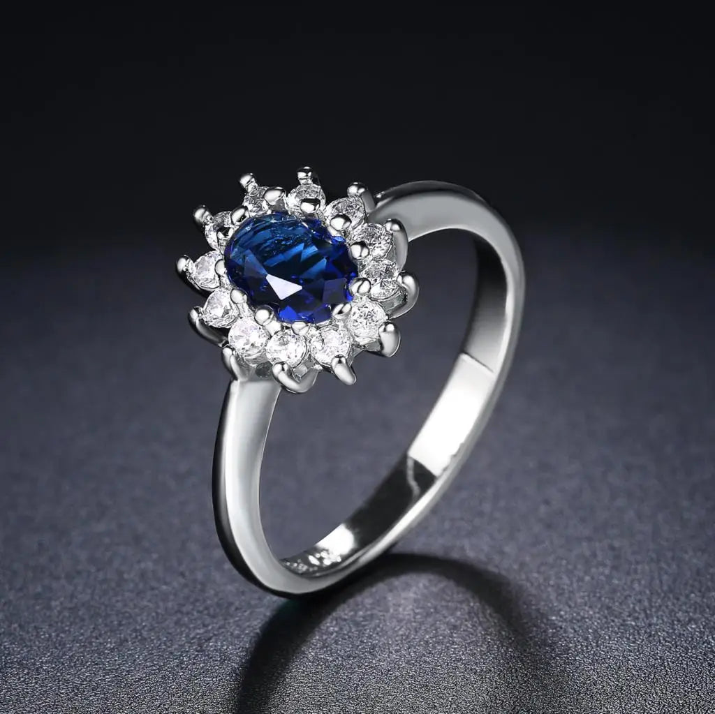 Cubic Zirconia Ring Twilight-Blue Center Stone Halo Setting Engagement Bridal Ring — Blue | KIMLUD