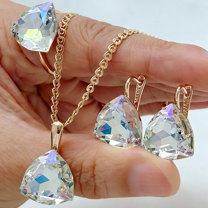 Rose Gold Zircon Jewelry Set Ring Earrings Necklace — Rose Gold | KIMLUD