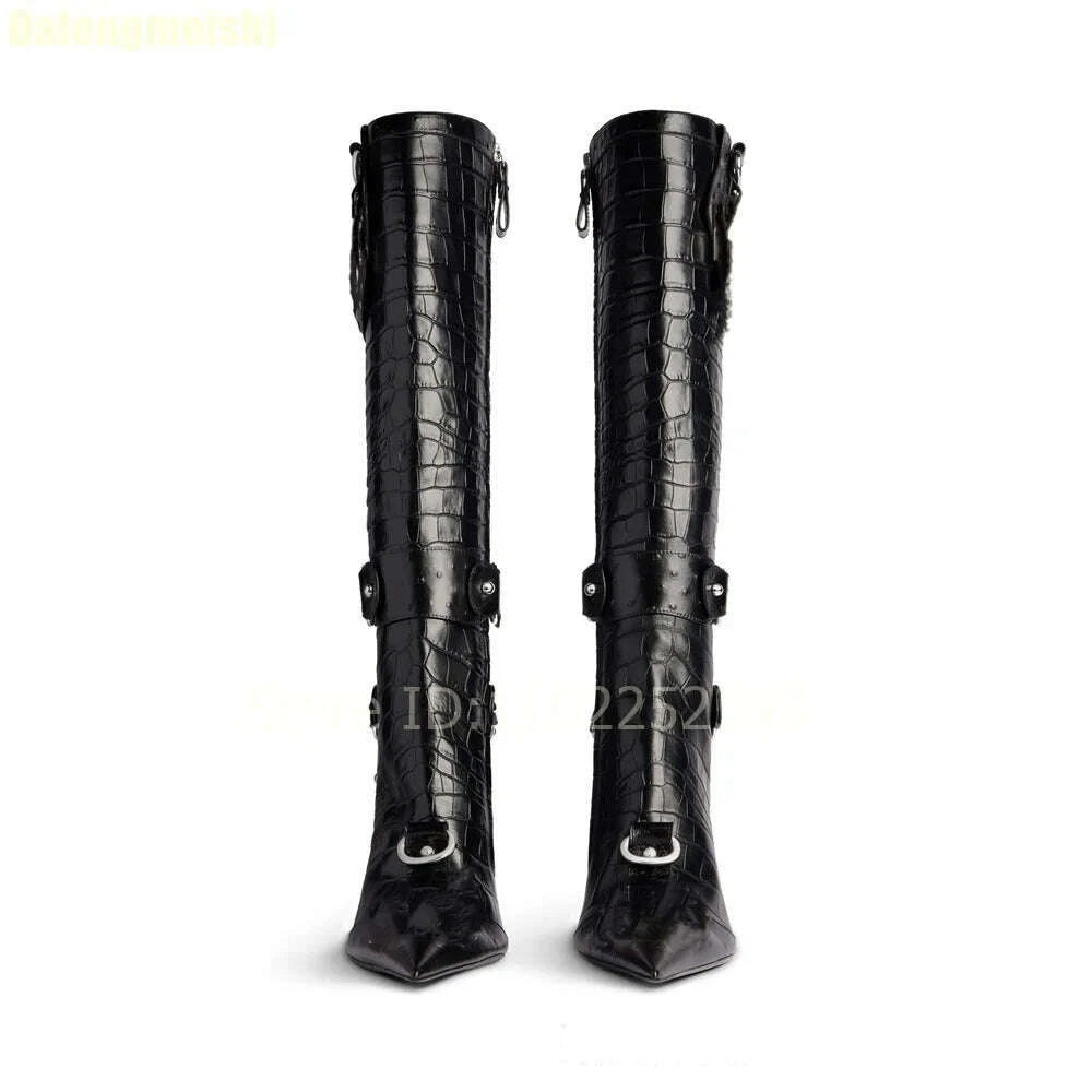 2025-new-stiletto-high-heels-crocodile-pattern-boots-fashion-b-button-motorcycle-pointed-toe-boots-womens-black-knee-high-bootskimlud-womens-fashion-34628933