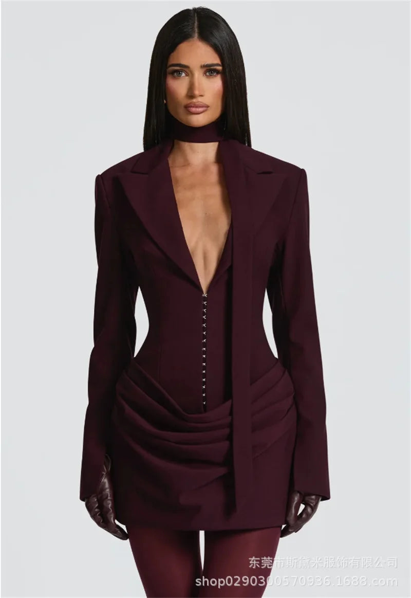 Cotton Jersey Blazer Dress With Scarf, V-Neck, and Subtle Ruffle Hem Detailing — Burgundy | KIMLUD