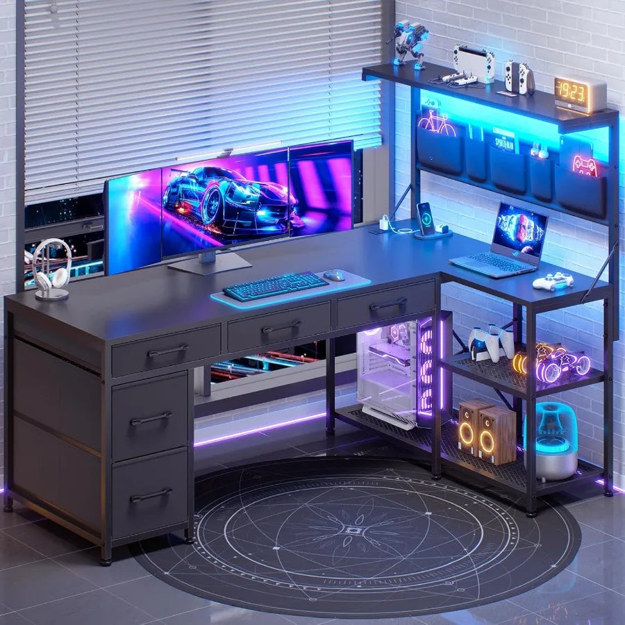 L Shaped Gaming Desk 47.2 Reversible Small Computer Desk with 5 Drawers and Storage Shelves Corner Gaming Desk with LED Lights