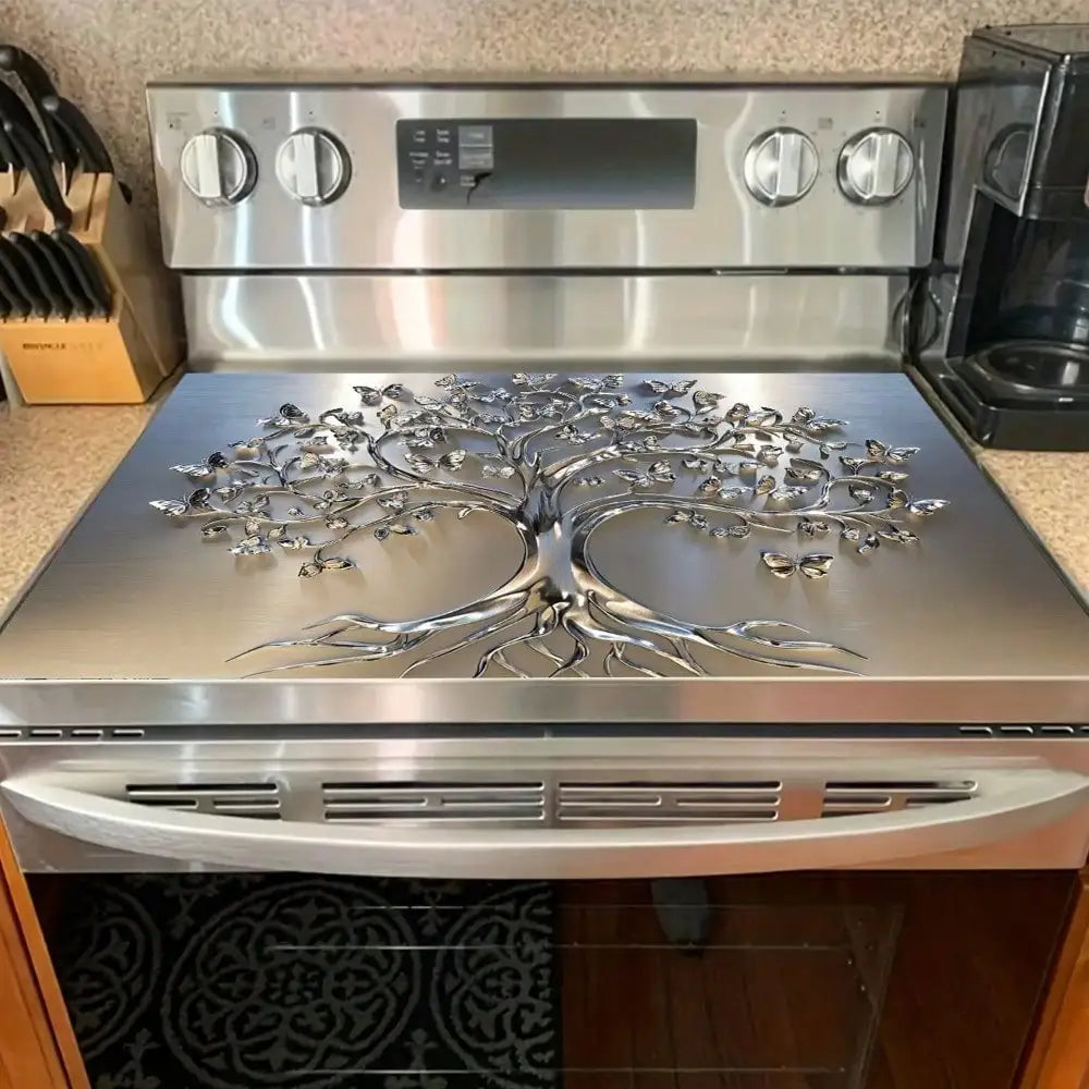 Rubber Stove Cover Mat Tree Design With Intricate Branches — Black | KIMLUD