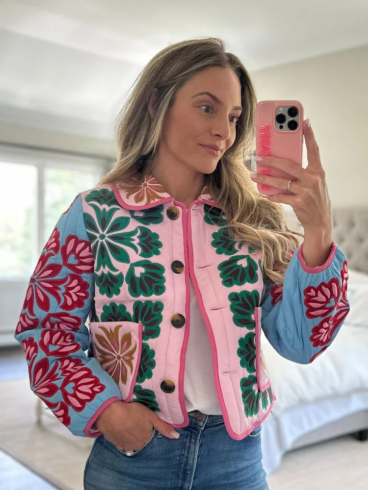 Women Print Cotton Jacket Colorful Casual Turn-down Collar Long Sleeve Single Breasted Pocket Jackets Autumn Winter Fashion Coat