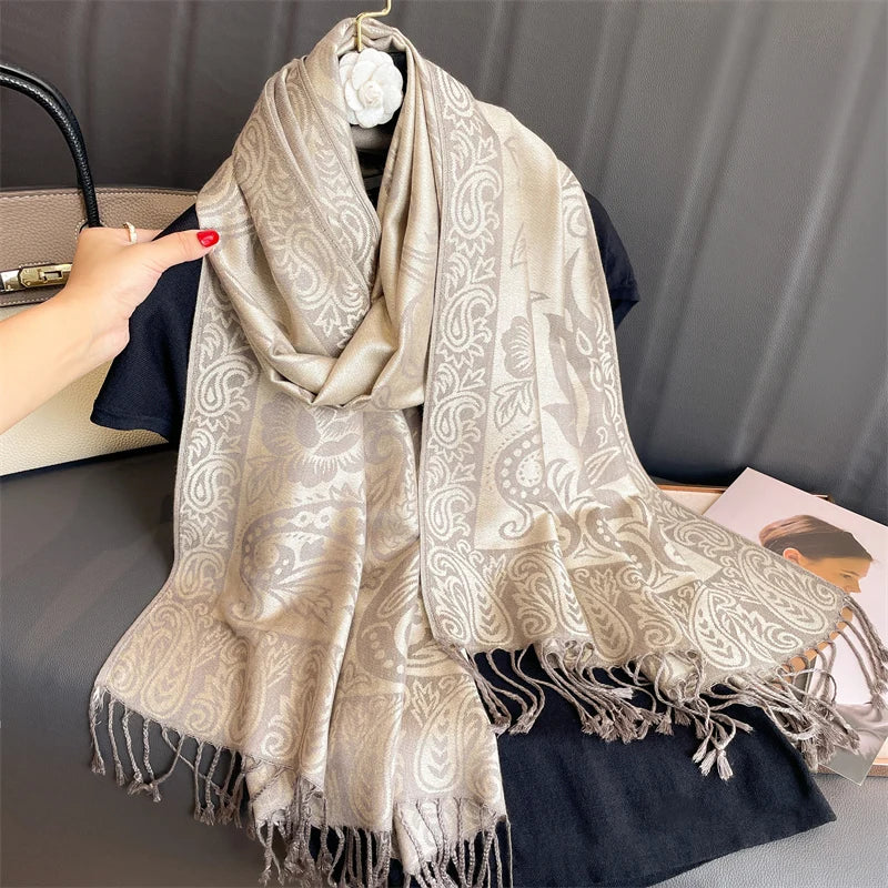 Cashmere Pashmina Shawl With Autumn Print Design, Olive Accents And Gold-Toned Fringe — Red | KIMLUD