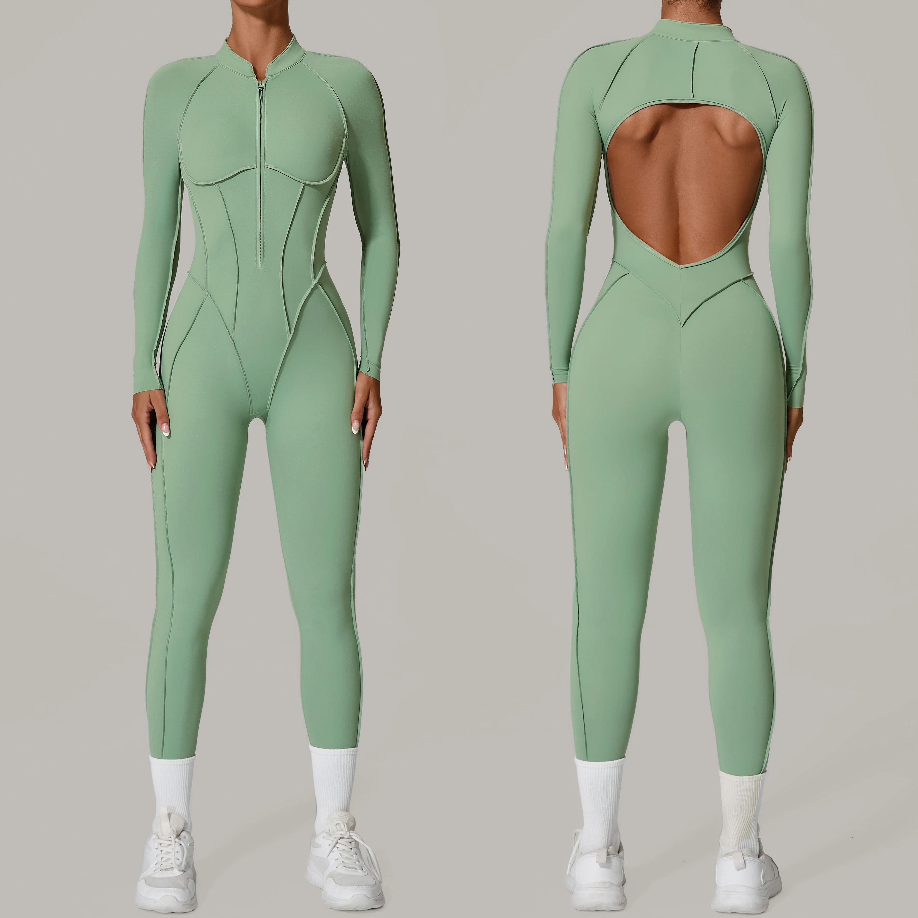 Padded Women Long Sleeve Sport Yoga Jumpsuit Workout Clothes for Women Sportwear Backless Zipper Fitness Gym Outfit