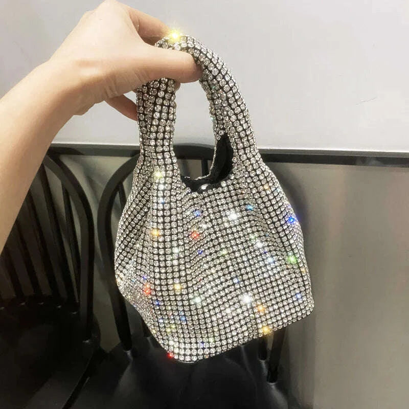 KIMLUD, Handle Rhinestones Evening clutch Bag Purses and handbag luxury Designer hobo shoulder bag Shiny Crystal Clutch purse bucket bag, KIMLUD Womens Clothes
