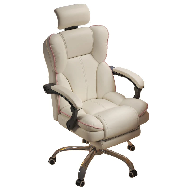 PU Leather Ergonomic Office Chair On Wheels Blush Piping — Cream Ivory | KIMLUD