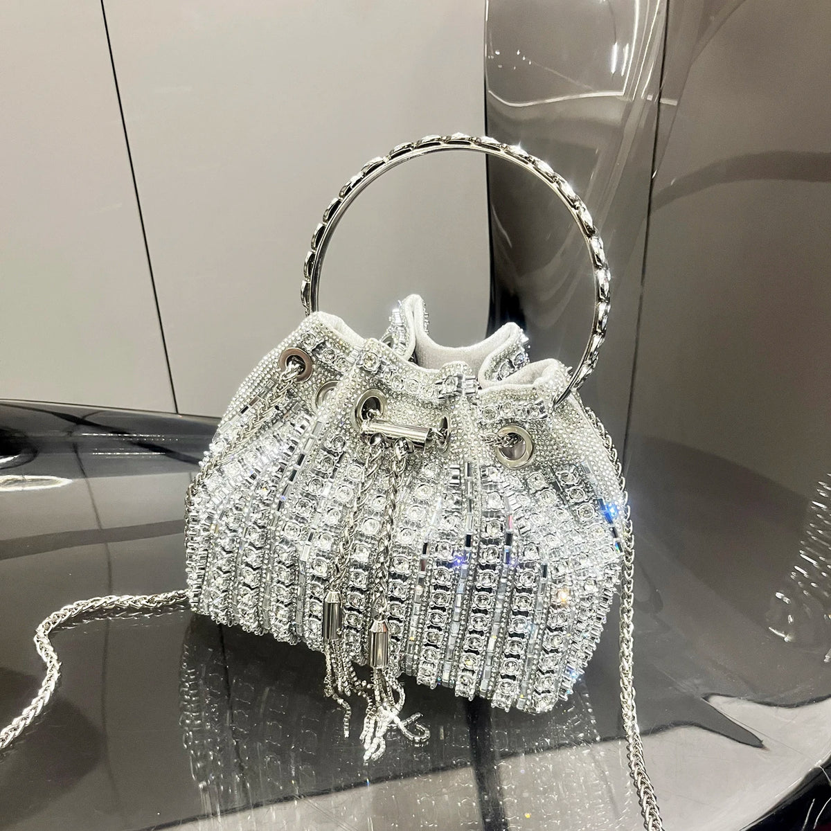 Bucket Bag – Crystal Rhinestone Accent – Polyester | KIMLUD