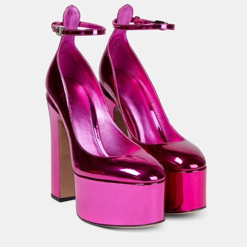 Patent Leather Platform Sandals Round Toe Ankle Buckle — Black | KIMLUD