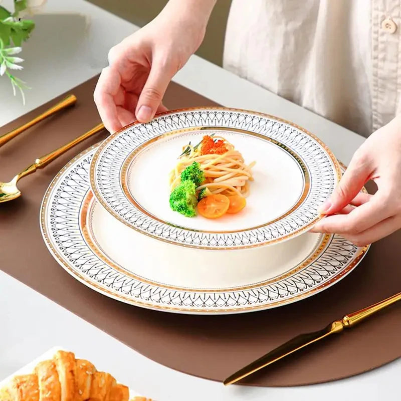 Ceramic European Style Dessert Plate With Gold Rim And Subtle Depth — White | KIMLUD