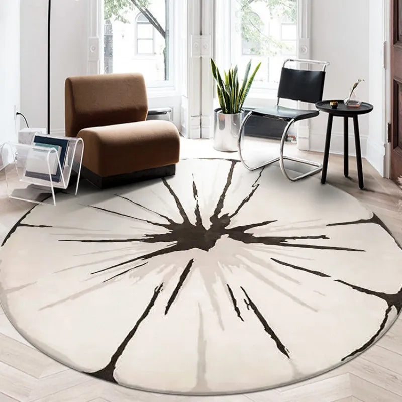 Fluffy/100% Polyester Round Rug with Stripe Wilton Design — White | KIMLUD