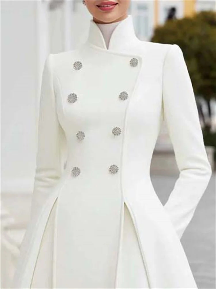 Evening Coat Dress - Double Breasted - A-Line - White | KIMLUD