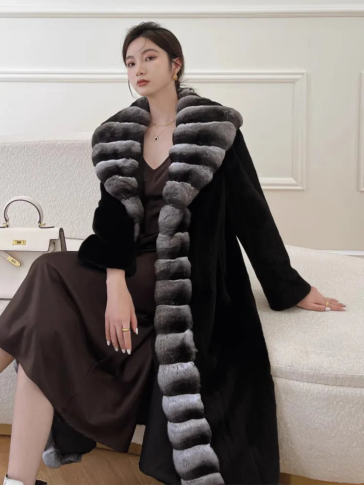 Long Faux Fur Coat Women Autumn Winter Large Jacket Overcoat White Turn Down Collar Pockets Thick Coat Warm Jackets Maxi Coats
