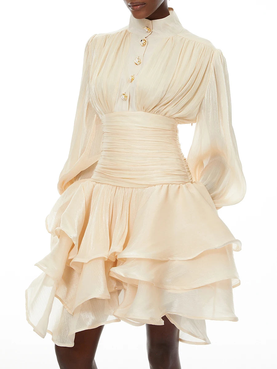 Elegant High Neck Organza Dresses Mini — Pink | KIMLUD