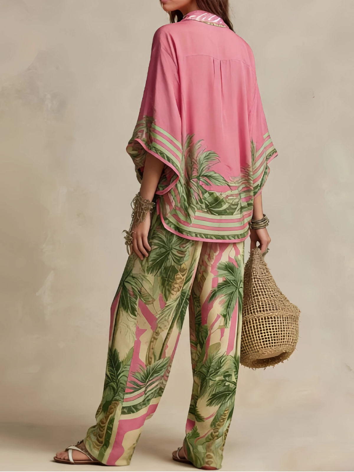 Two Piece Set Batwing Shirt and Wide Leg Trousers Broadcloth | KIMLUD