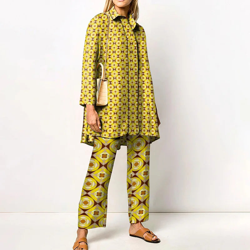Two-Piece Set – Printed Autumn Vintage – Broadcloth – Wide-Leg Pants | KIMLUD