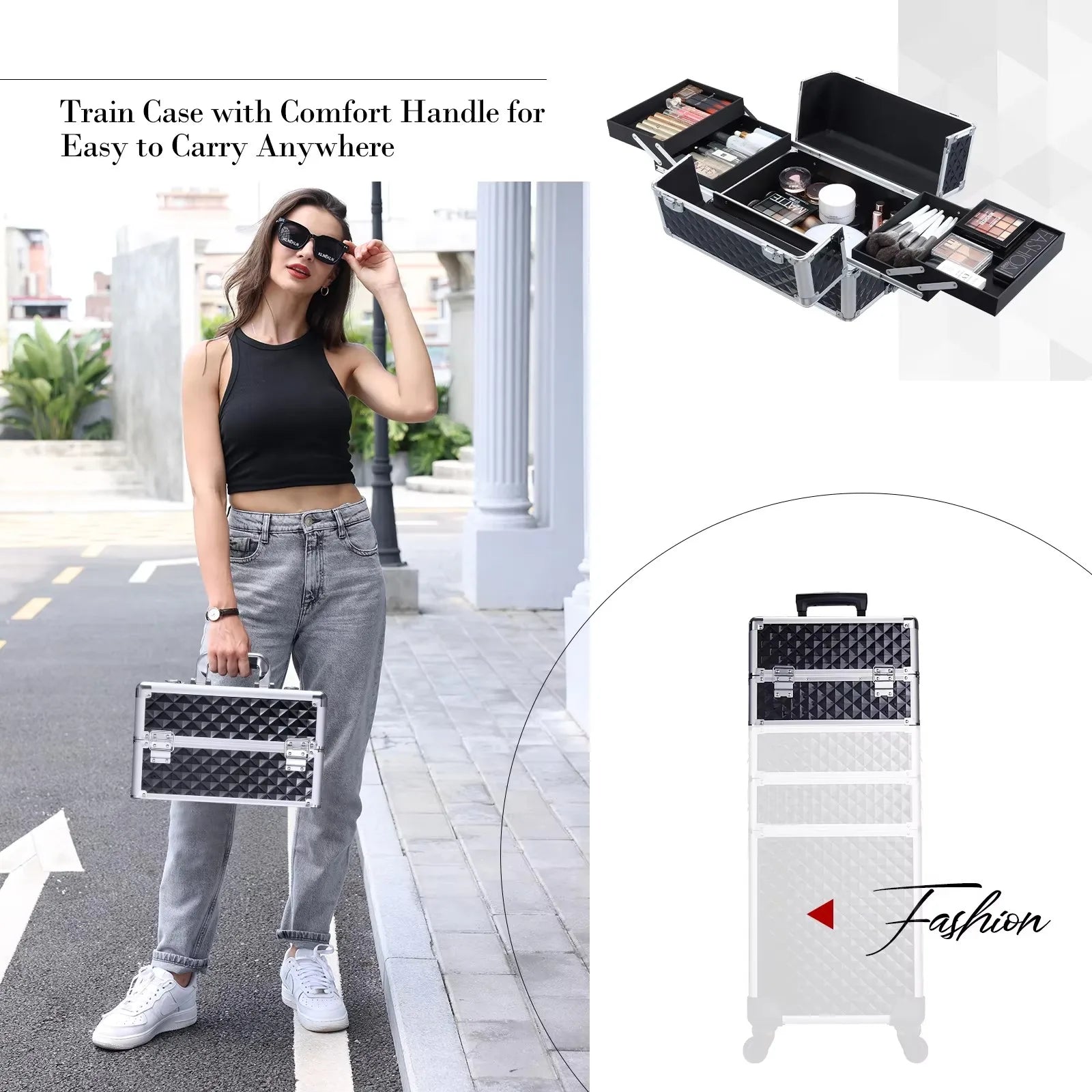 Rolling Makeup Train Case Cosmetic Trolley 4 in 1 Large Capacity Makeup Travel Case with Key  Wheels Salon Barber Case Traveling