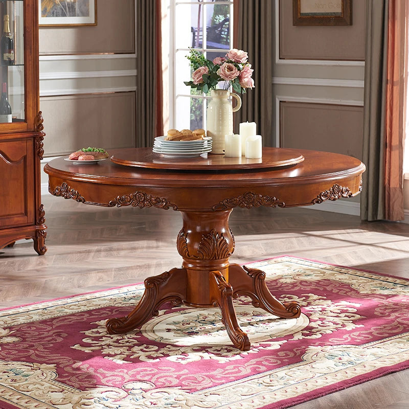 Solid Wood Round Dining Table With Turntable And Hand-Carved Details — Deep Walnut | KIMLUD