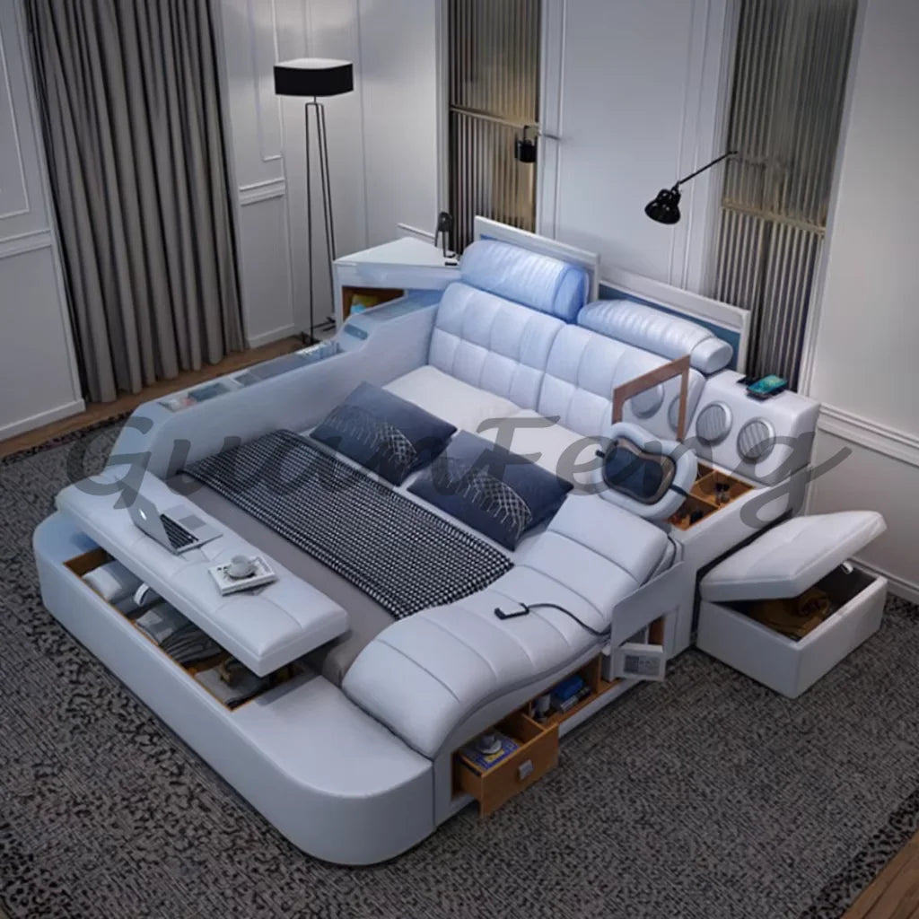 Hotsale Luxury Leather Smart Bed Multifunctional Bed Tatami King Size Platform Upholstered Fabric Soft Bed Storage Music Speaker