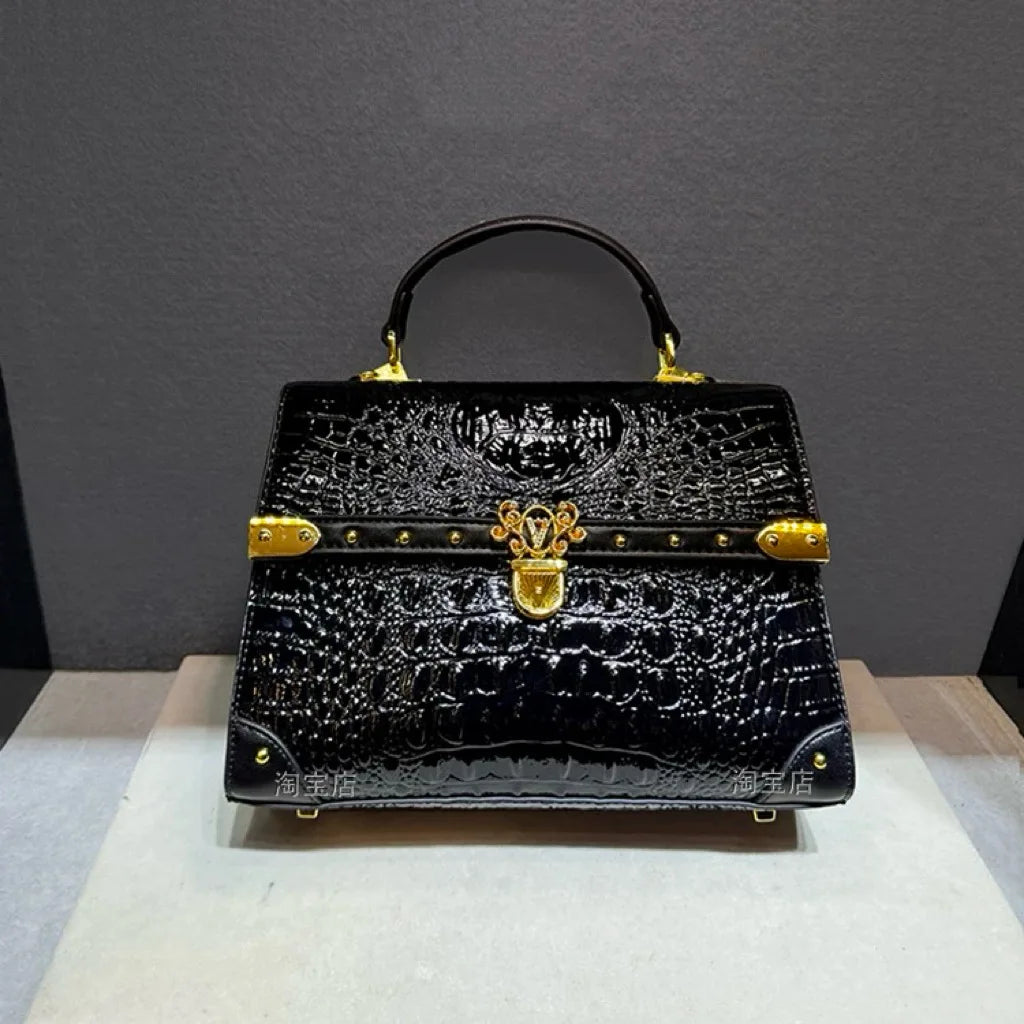 Leather Crocodile Print Crossbody Bag — Black | KIMLUD
