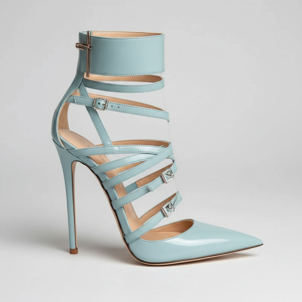 Crystal Decor Leather Pointed Toe Stiletto Sandals — Blue | KIMLUD