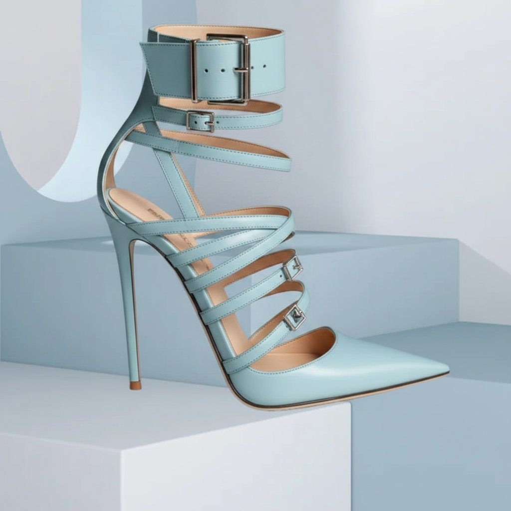 Crystal Decor Leather Pointed Toe Stiletto Sandals — Blue | KIMLUD
