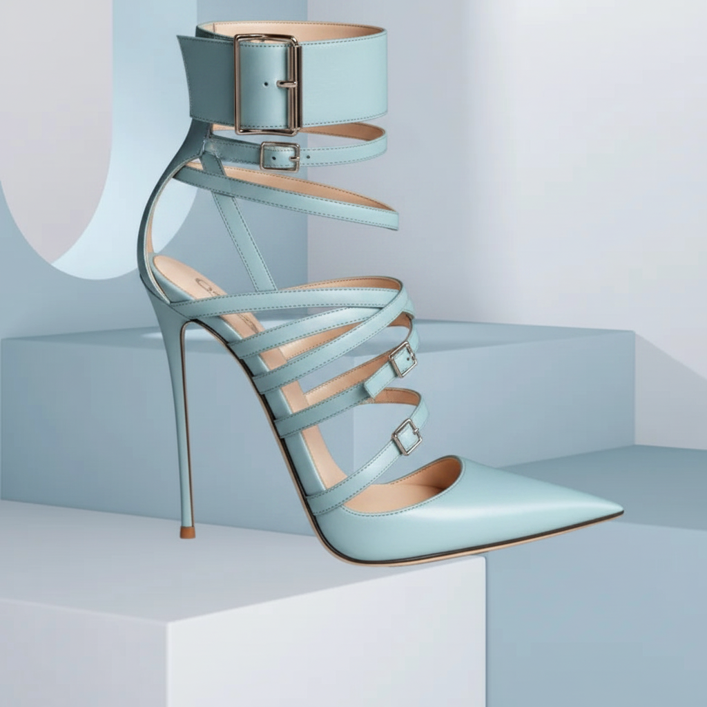 Crystal Decor Leather Pointed Toe Stiletto Sandals — Blue | KIMLUD