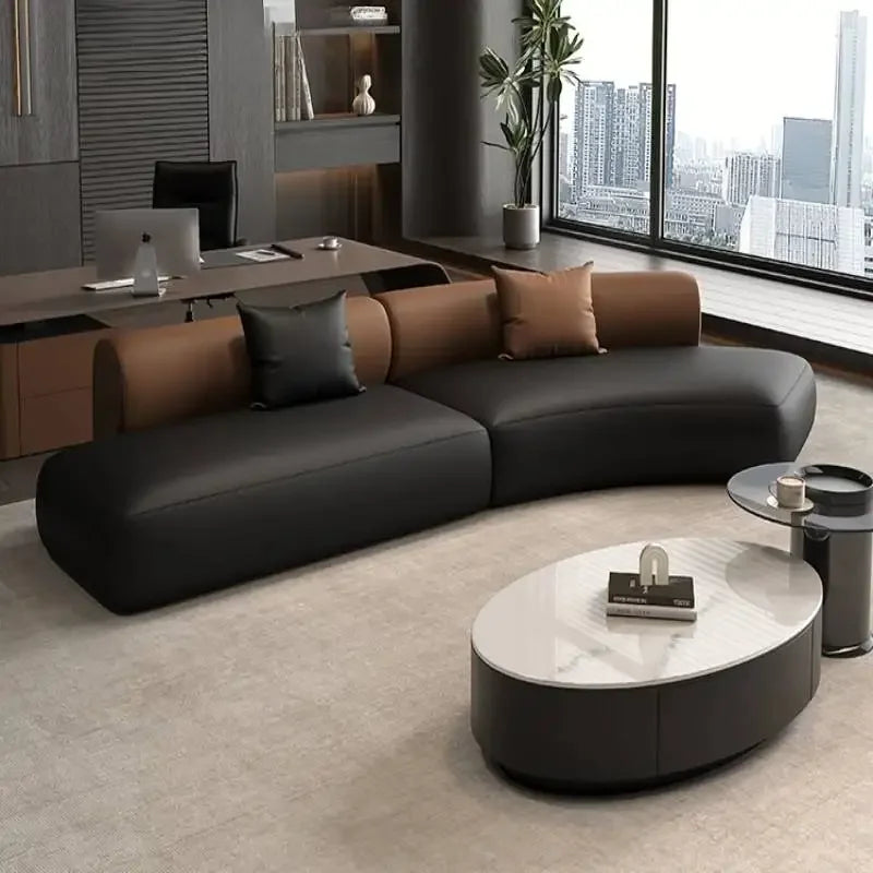 Leather Solid Curved Nordic Sofas — Black | KIMLUD