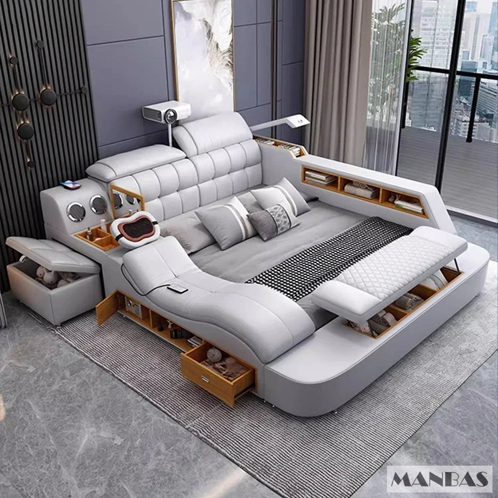 Genuine Leather King-Size Bed With USB Massage — Graphite Gray | KIMLUD