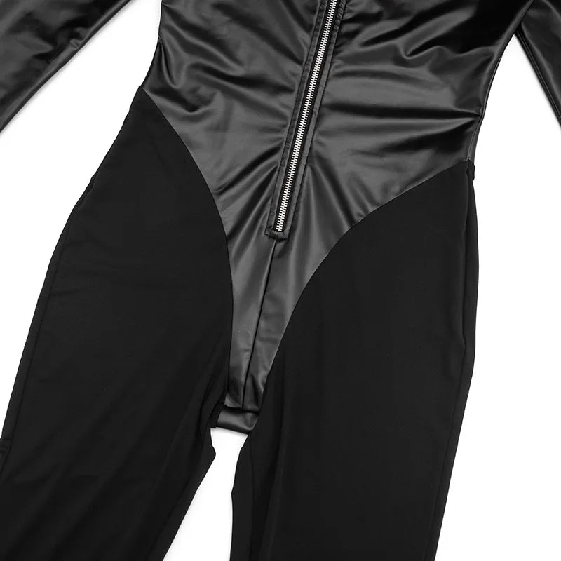 Jumpsuits – PU Leather Patchwork – Skinny – Black | KIMLUD