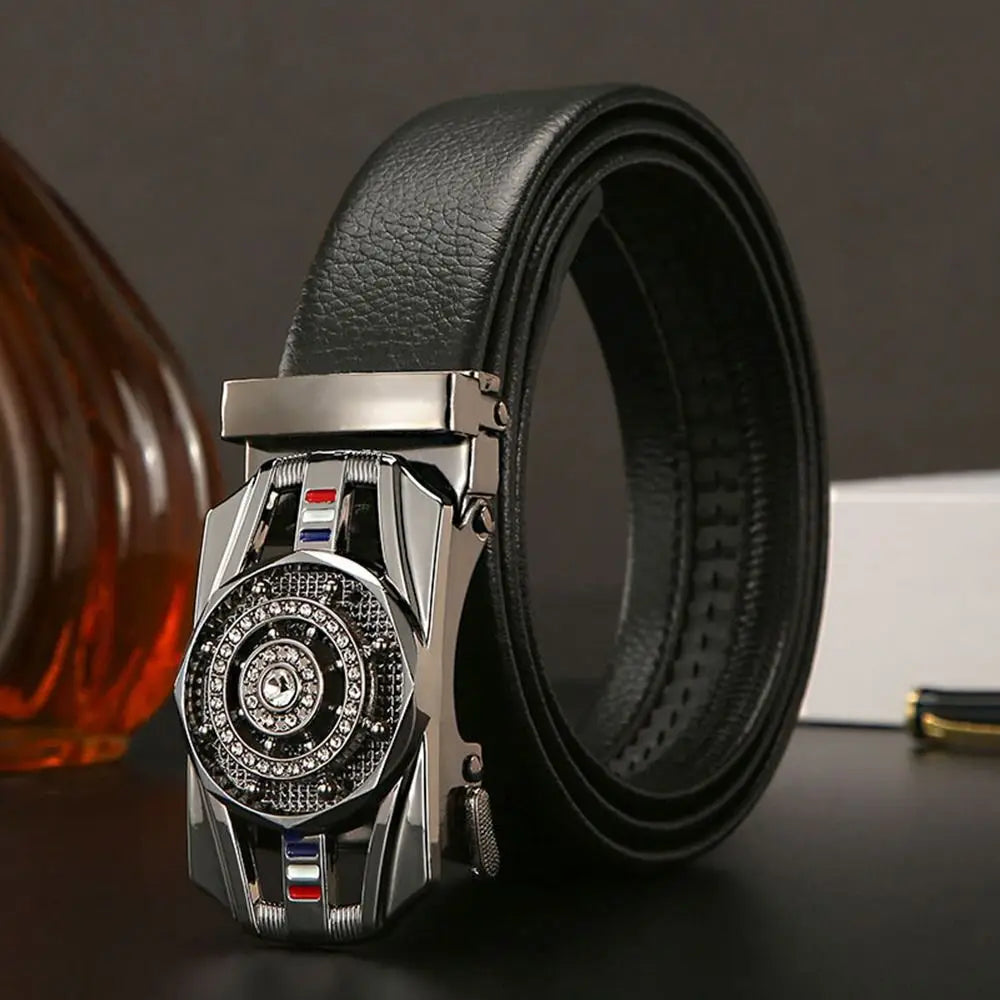 Leather Belt Rhinestone Buckle Automatic — Black | KIMLUD